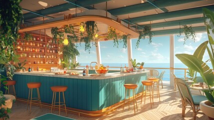 Fototapeta premium Ocean view bar with tropical plants and teal counter.