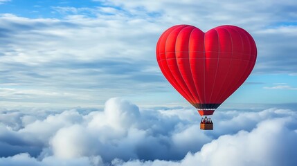 Fototapeta premium A hot air balloon in the shape of a red heart flies above the clouds Unusual date surprise lovers
