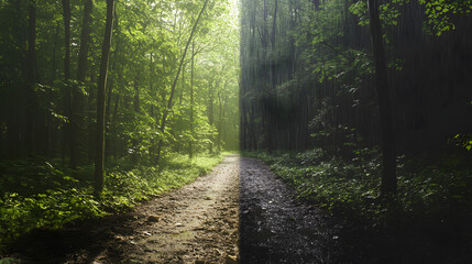 Obraz premium A peaceful forest trail where the left is sunny the center foggy and the right blanketed in rain.