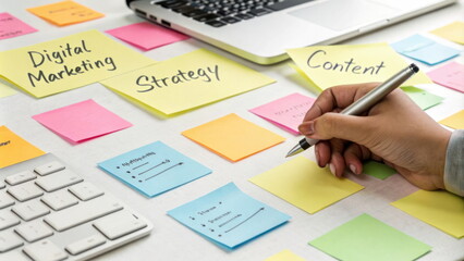 Hand writing on colorful sticky notes with digital marketing terms on a desk.