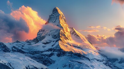 High-end photography of a snowy mountain peak bathed in the golden light of the setting sun
