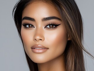 Model with glossy eyelids and minimal eyeliner natural look