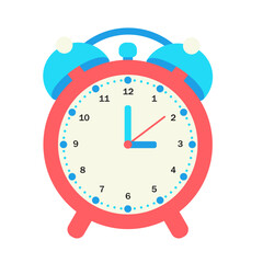 retro-style alarm clock with a red body, blue bells, and a white face, displaying the time