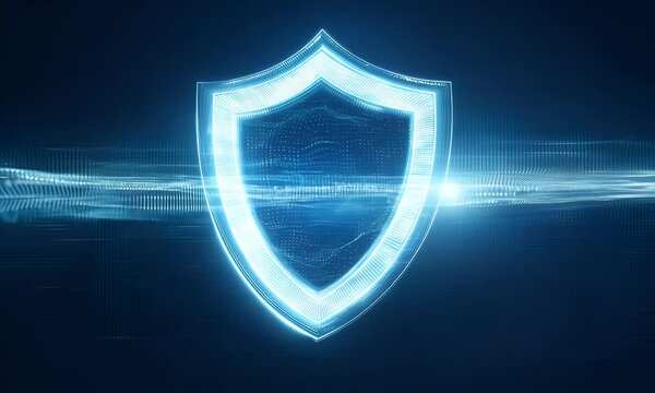 Digital technology shield animation representing secure systems and cybersecurity concepts with a futuristic network background.