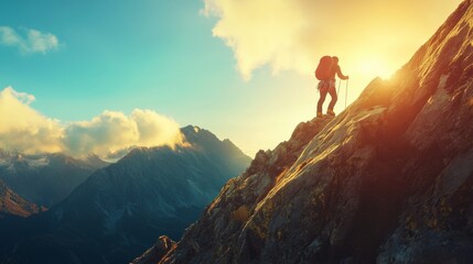 Obraz premium Mountain climbing journey symbolizing resilience and success, climbers steadily advancing, overcoming challenges with determination, breathtaking summit views, persistence through adversity,