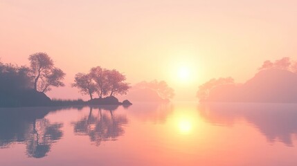 Naklejka premium Serene Sunset Landscape With Silhouetted Trees and Calm Water