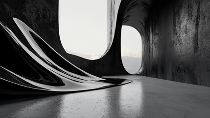 Futuristic Abstract Structure with Polished Metallic Curves and Dark Textured Walls in a Minimalist Architectural Design