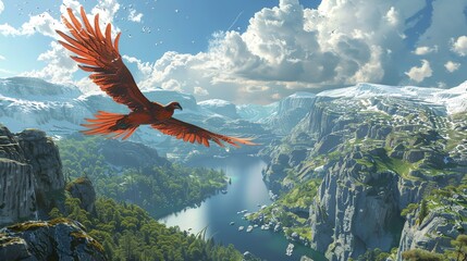 A red bird with large wings flies over a canyon with a lake in the middle.
