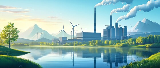 Naklejka premium Ecofriendly green hydrogen factory using wind and solar energy for sustainable hydrogen production, set in a clean natural landscape