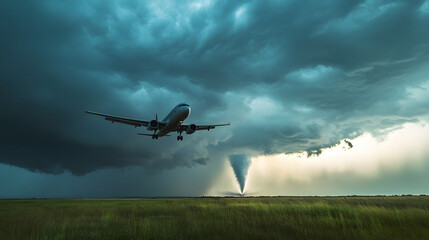 A plane hovering above a landscape with a distant tornado under dramatic stormy skies.