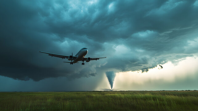 A plane hovering above a landscape with a distant tornado under dramatic stormy skies.