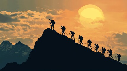 Climbers ascending the mountain with a strategic mindset, carefully navigating the steep terrain, reaching the peak as a symbol of success achieved through thoughtful decisions and resilience