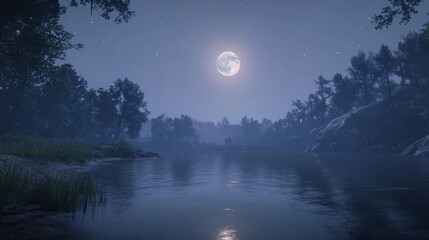 Fototapeta premium Calm waters mirroring a starry night and full moon, surrounded by a peaceful, serene natural atmosphere