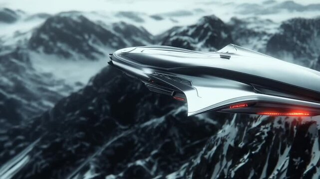 Futuristic UFO with Red Lighting Above Icy Mountains