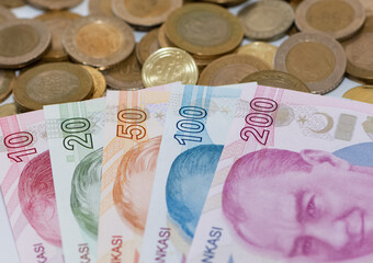 Images of banknotes of various countries. turkish lira photos.