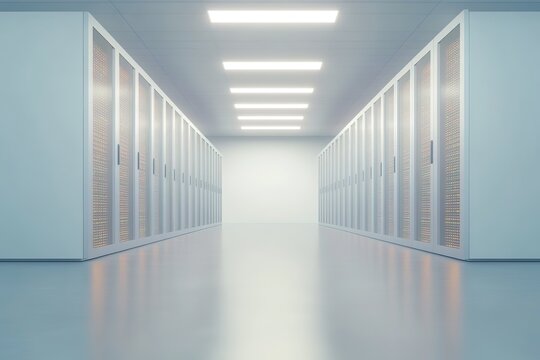 futuristic data center corridor filled with glowing server racks framed by soft ambient light
