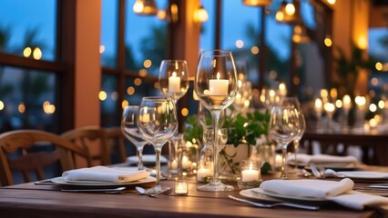 Outdoor dining setting with wooden tables and chairs,