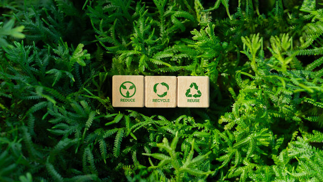 Reduce, reuse and recycle symbol. Green icon on wooden block. Ecological concept. Ecological metaphor for ecological waste management and sustainable and economical approach.