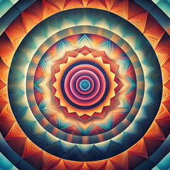 Abstract circular pattern with vibrant colors and geometric shapes.