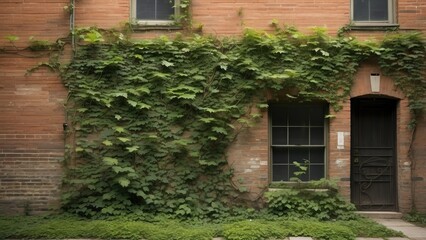 A weathered brick wall partially covered with green ivy