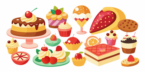 Illustrations of various desserts and pastries including cakes, pies, and ice cream icon set on a white background