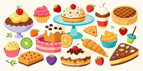 Illustrations of various desserts and pastries including cakes, pies, and ice cream icon set on a white background
