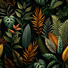A seamless pattern of lush tropical leaves in shades of green and gold.