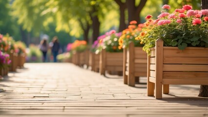 A serene pathway lined with wooden planters filled with vibrant flowers and greenery