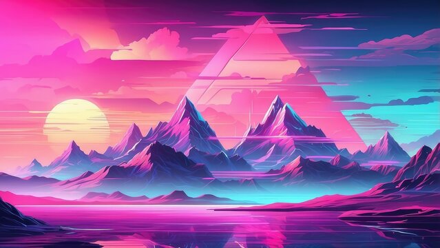 A vibrant, newon-themed digital landscape featuring stylized mountains created with gried pattersn.