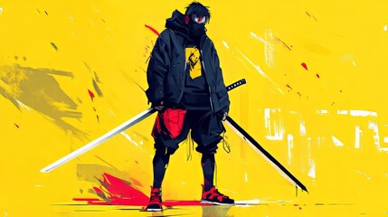 a man with a black jacket and a sword. modern anime character. yellow background