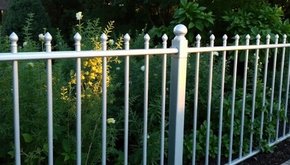 Aluminum fence surrounding a lush garden, reflecting the soft glow of the early morning sun