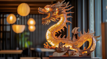 Fototapeta premium Decorative wooden dragon sculpture illuminated in a modern interior space with lanterns