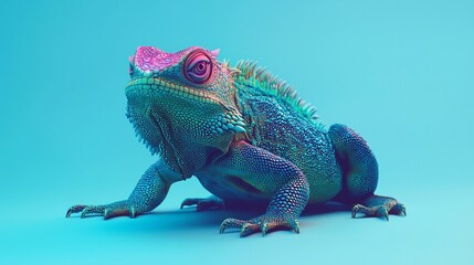Obraz premium Vibrant iridescent lizard on blue background.