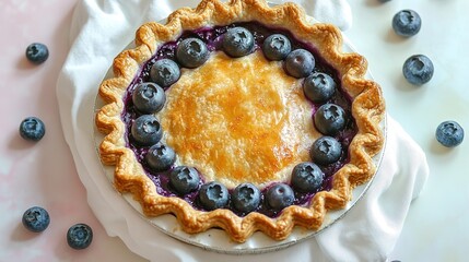 Golden blueberry tart on white cloth with scattered berries