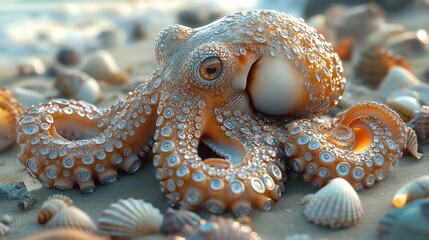 Obraz premium Adorable octopus on sandy beach among seashells at sunset.
