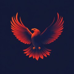 Fototapeta premium Fiery red eagle with wings spread wide, against a dark background.