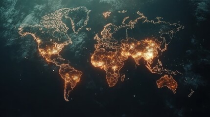 Obraz premium Digital world map overlay with dynamic light trails and geometric elements, representing international connectivity and modern business.