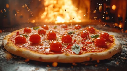 Freshly baked pizza with cherry tomatoes and basil emerging from a wood-fired oven