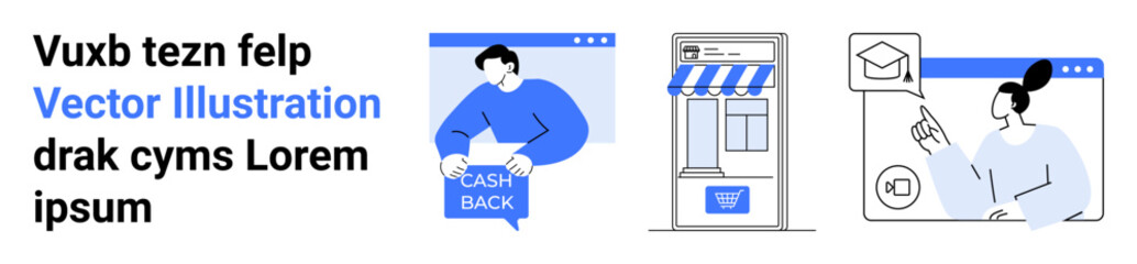 Character holding cashback sign, storefront with a shopping cart, and a woman using a laptop with an envelope and graduation cap icon. Ideal for e-commerce, finance, education, marketing, tech