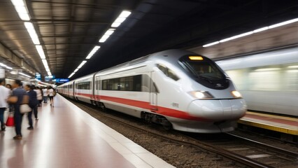 A blurred train speeds past a modern train station,