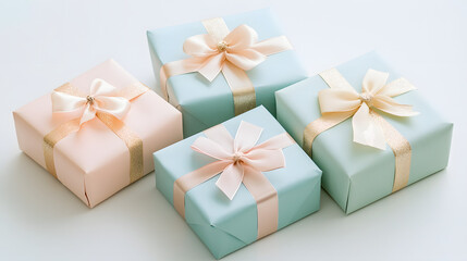 Four elegantly wrapped gifts in pastel pink and blue, adorned with delicate satin ribbons and gold accents. Perfect for birthdays, anniversaries, or any special occasion.