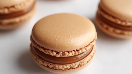 Obraz premium Macro photo of french caramel macaroon isolated on white background
