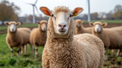 Obraz premium A sheep with a yellow tag stares directly at the camera, surrounded by other sheep in a field.