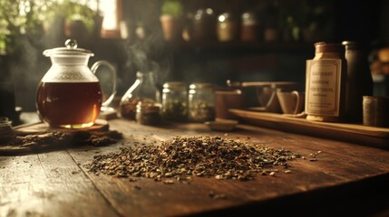 Loose Tea Leaves on a Wooden Table with Teapot and Jars