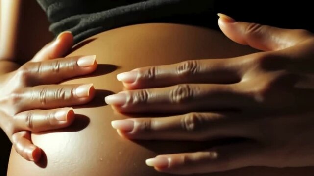 close up of pregnant african american woman's belly; concept of body positivity, motherhood, safe delivery and newborn care