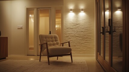 A cozy minimalist living space with a mid-century modern armchair soft lighting and neutral tones The room features glass doors textured walls and elegant decor creating inviting atmosphere