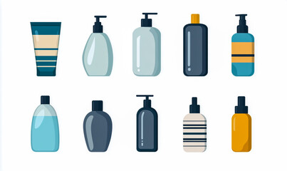 A collection of vector illustrations on a white background, showing different shapes and designs of shampoo bottles with modern, classic and unique styles.