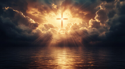 Rays of light break through dark clouds over tranquil water, highlighting a cross against a dramatic sky at sunset
