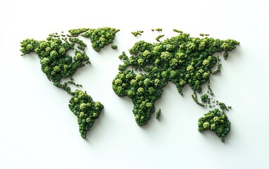 Green world map, 3D tree forest in the shape of a world map, isolated on white background, Earth Day, Environment Day, ecological sustainability concept
