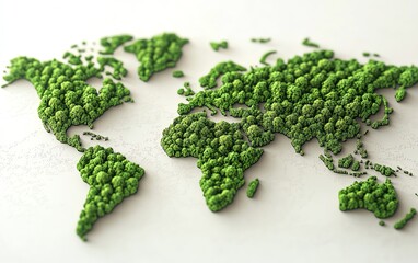 Green world map, 3D tree forest in the shape of a world map, isolated on white background, Earth Day, Environment Day, ecological sustainability concept